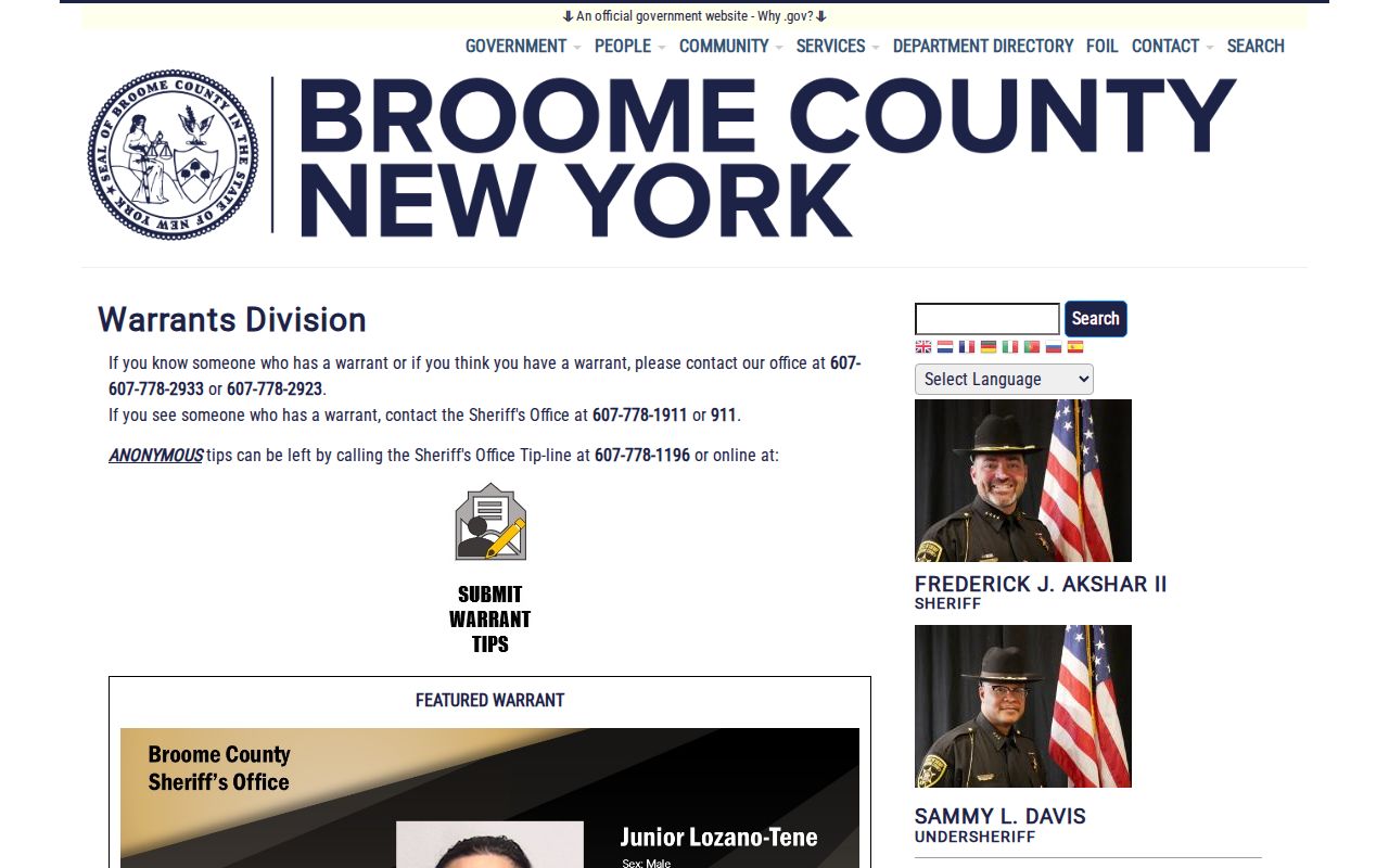 Broome County Sheriff official most wanted warrant record source